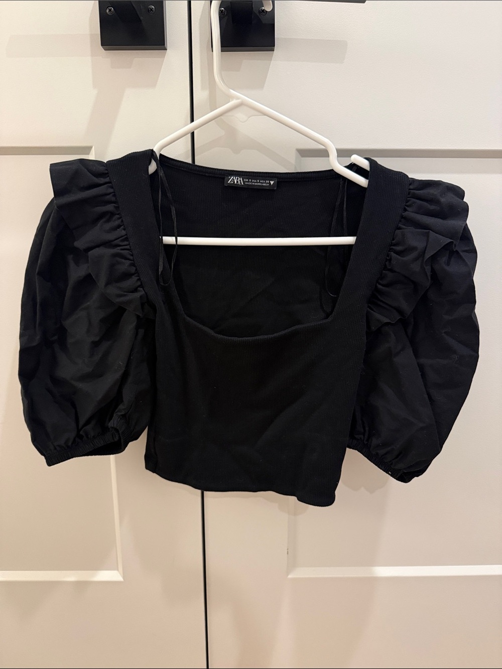 Zara Black Square Neck Puff Sleeve Crop Top